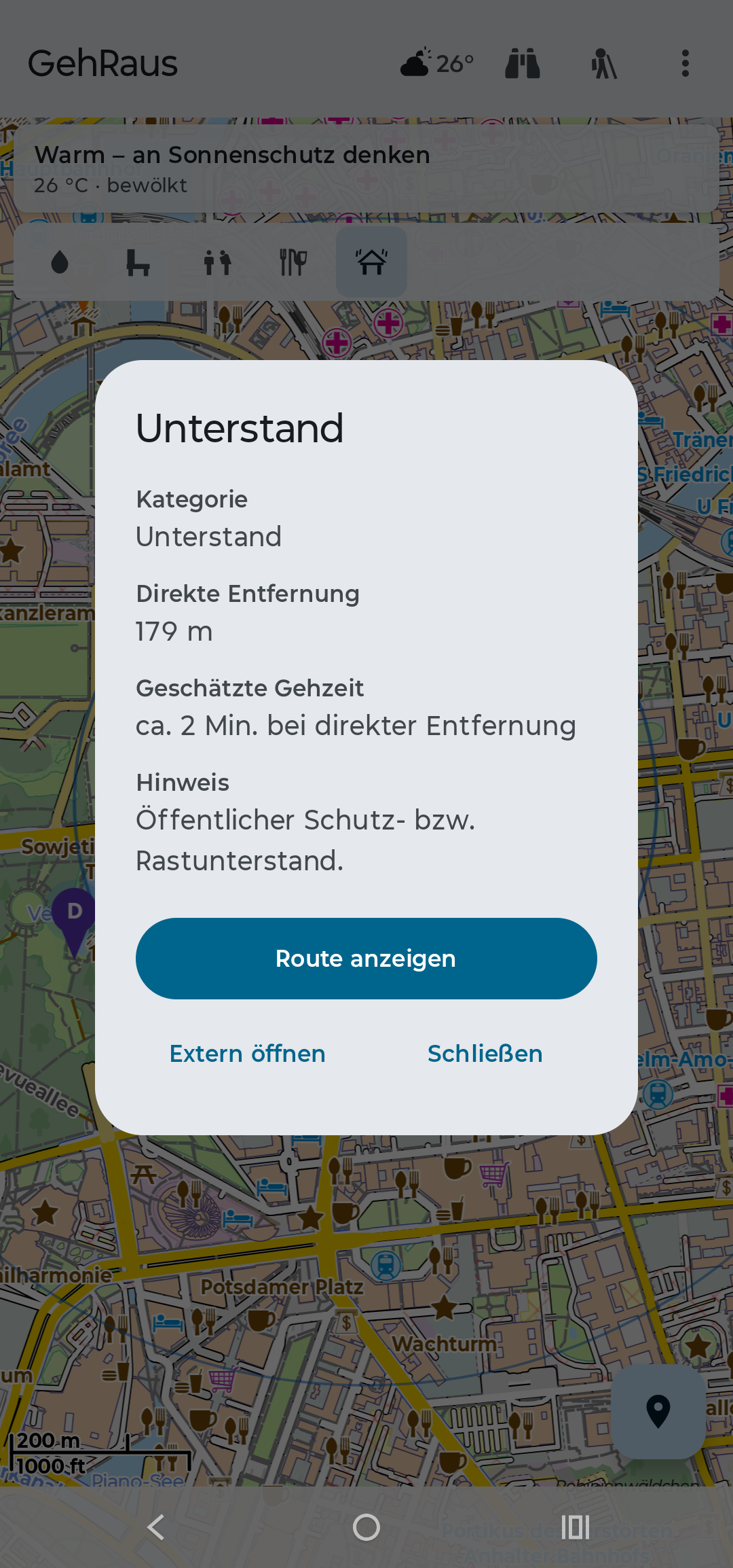 Öffentlicher Unterstand mit Entfernung und Route in GehRaus
