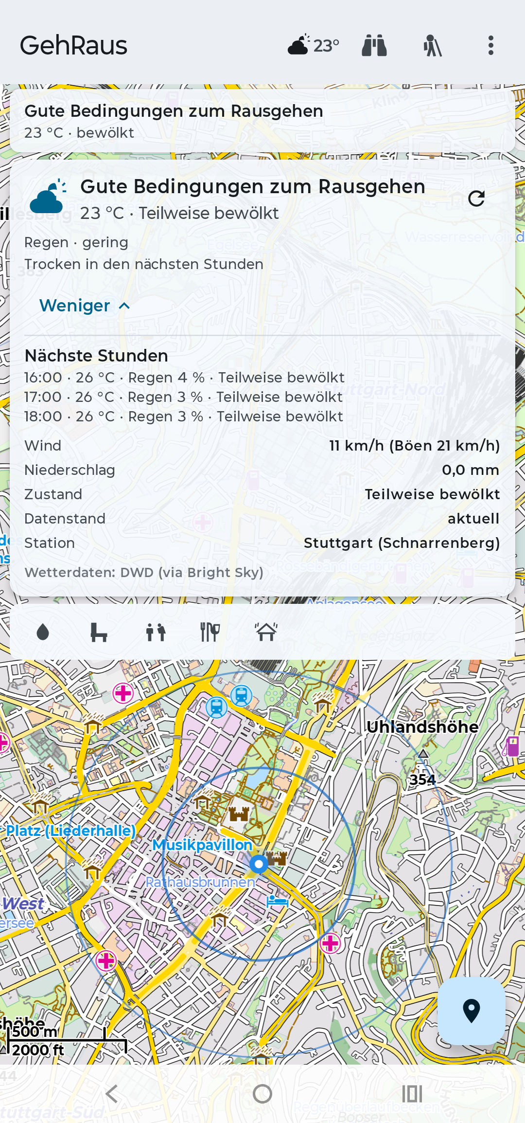 Wetterübersicht in GehRaus mit Stundenprognose